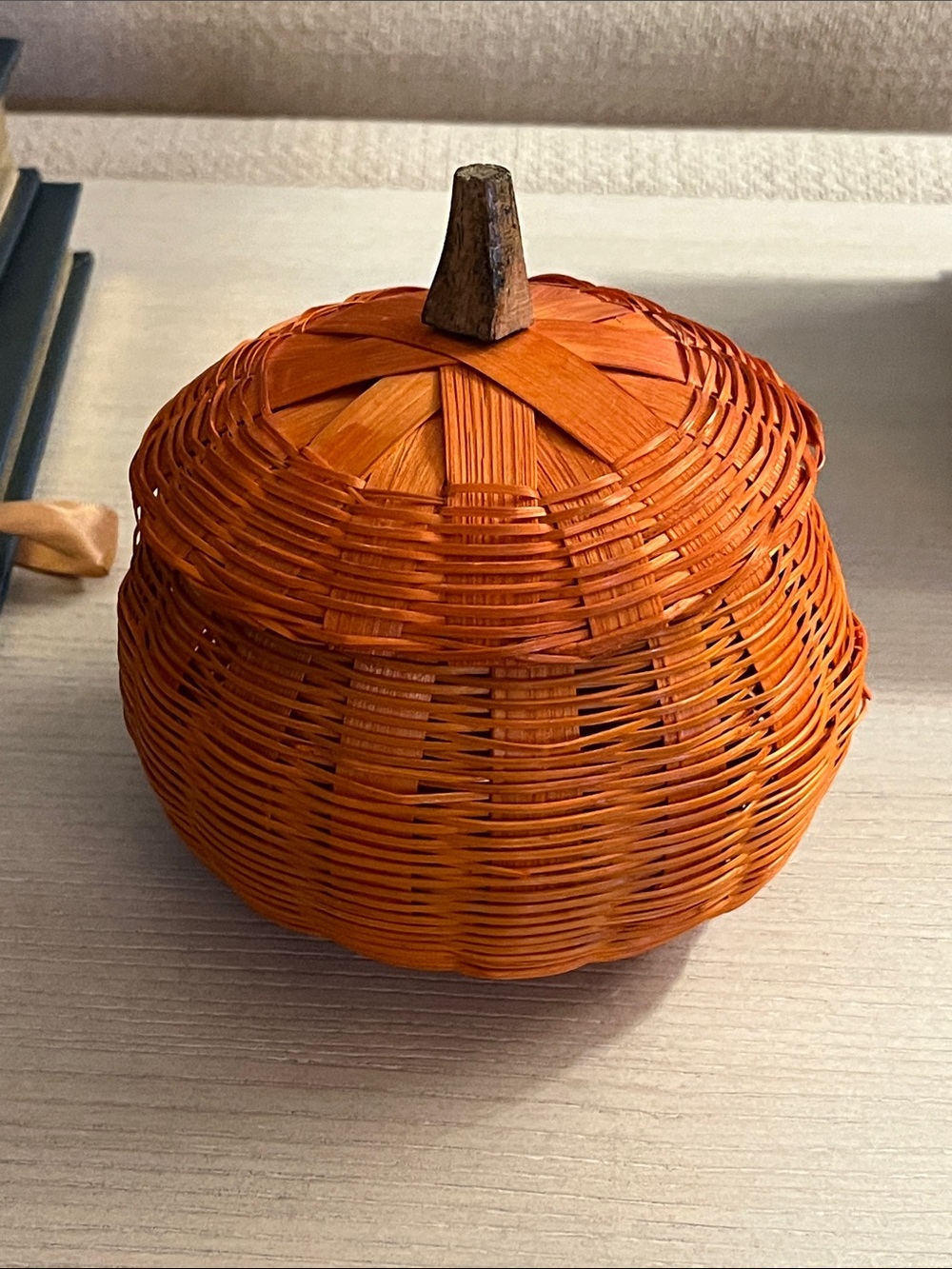 Handwoven Orange Pumpkin Rattan Lidded Basket